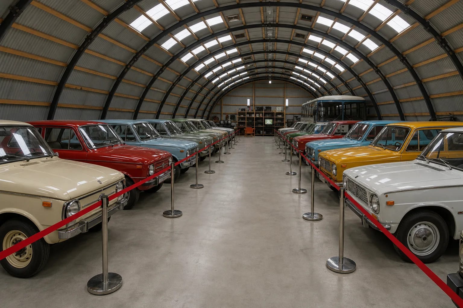 Arched hangar at Molėtai Technical Museum with two rows of vintage cars behind red rope barriers