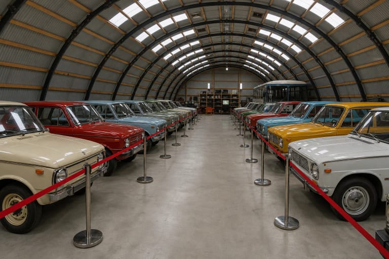 Molėtų technikos muziejaus arkinio angaro vidus su dviem senovinių automobilių eilėmis ir raudonais atitvarais