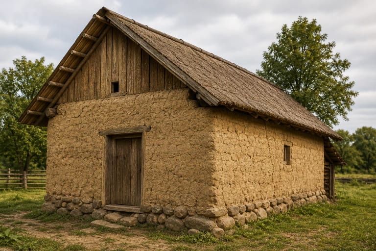 A traditional rammed-clay farm building with clay-and-straw walls, brick openings, and a broad roof