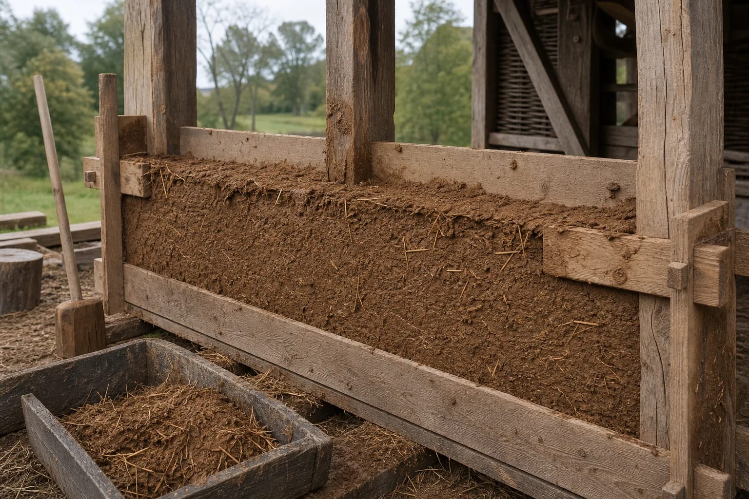 A rammed-clay wall shows local material, formwork, and layered labor.