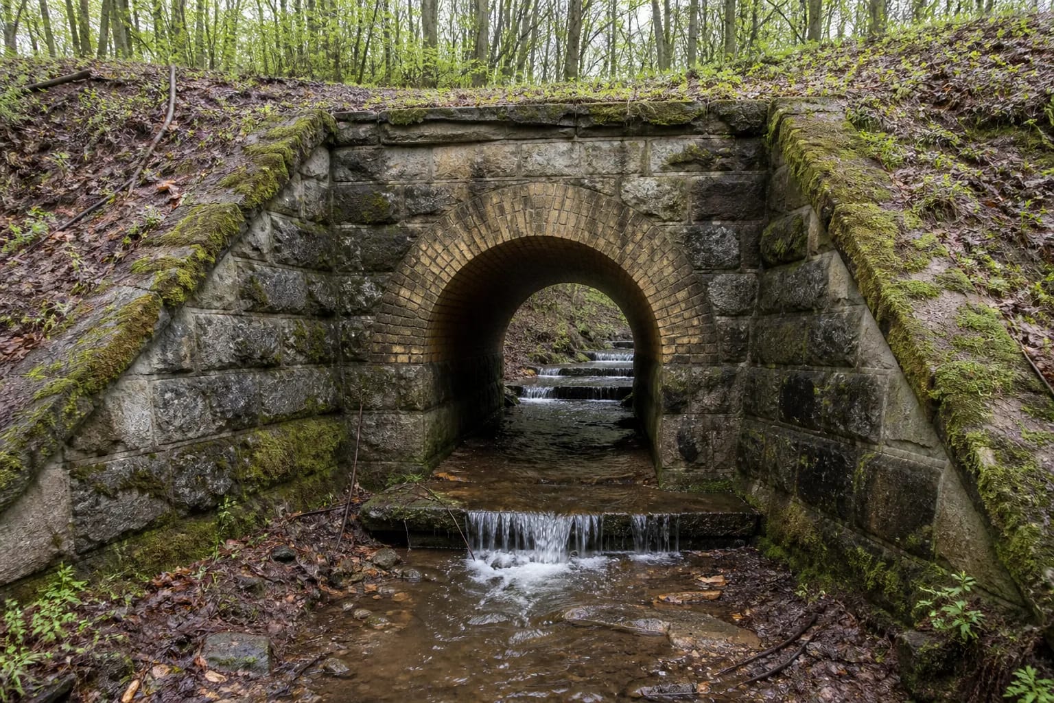 Masonry Motertis Stream Tunnel portal with cascades and a wooded valley