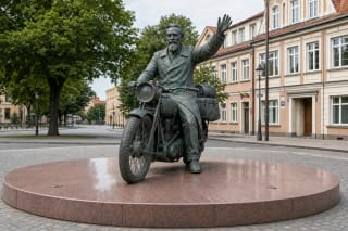 Žalia patina padengtas bronzinis Antanas Poška ant seno motociklo, sveikinantis iškeltu delnu ant apskrito akmens pjedestalo Klaipėdoje