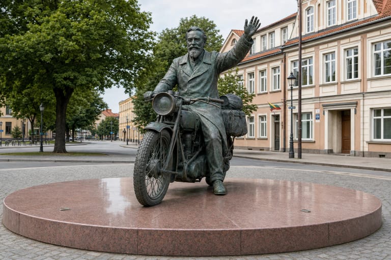Žalia patina padengtas bronzinis Antanas Poška ant seno motociklo, sveikinantis iškeltu delnu ant apskrito akmens pjedestalo Klaipėdoje