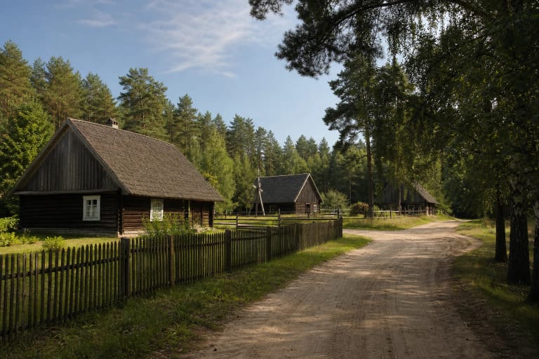 Деревянные дома, песчаная дорога и сосновый лес в этнографической деревне Мустейке