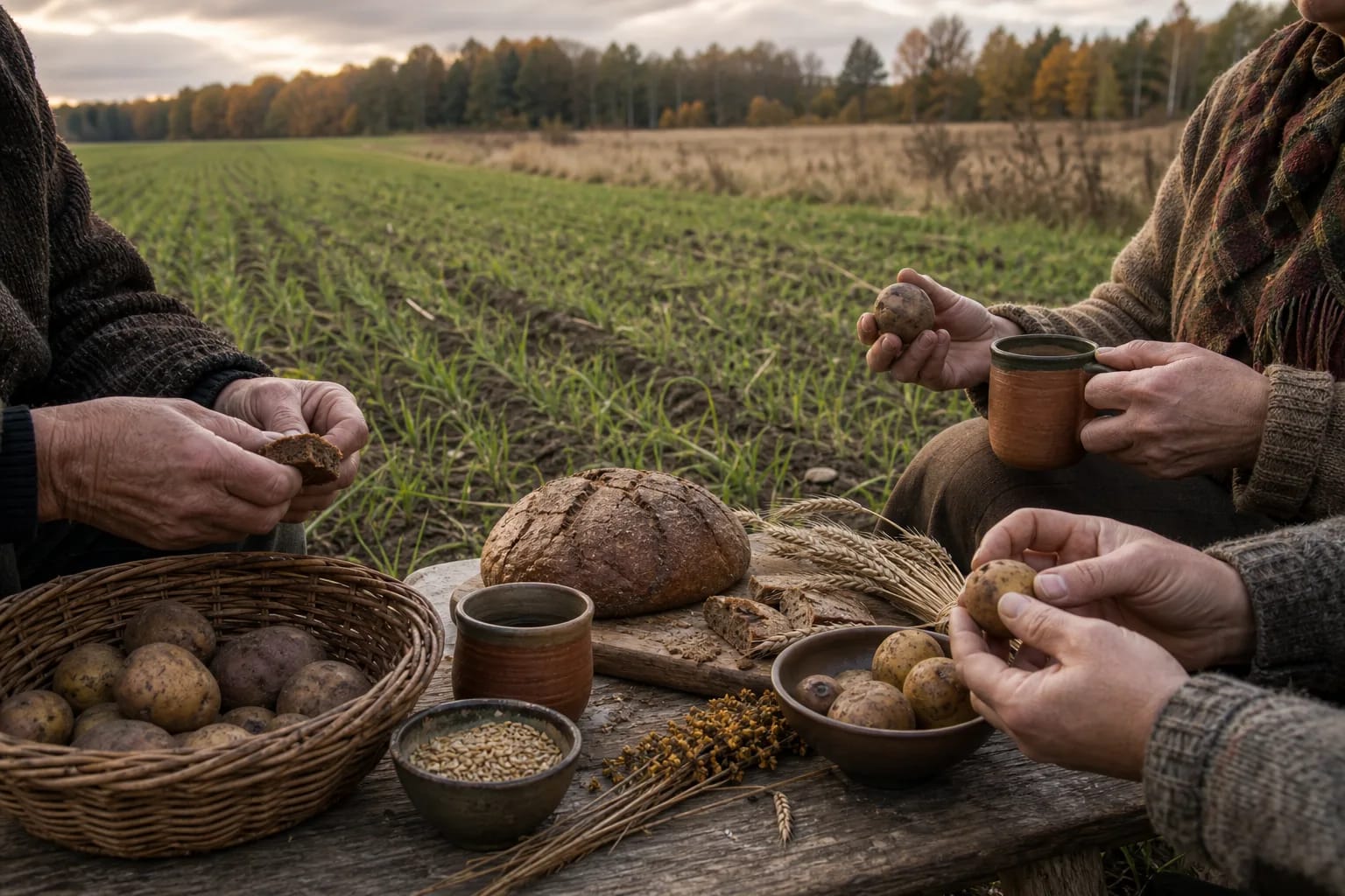 Mykolines autumn sambariai beside sprouted winter crops
