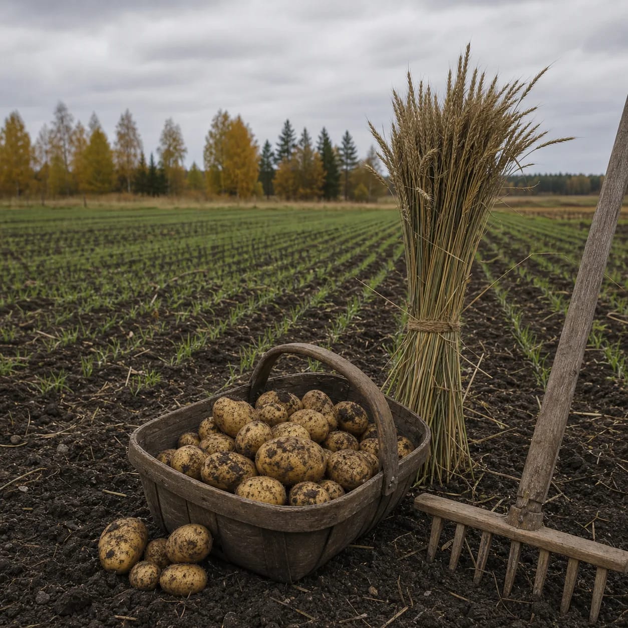 An autumn Mykolines and Dagotuves field with sprouted winter crops, a basket of potatoes, a rye sheaf, and a wooden rake