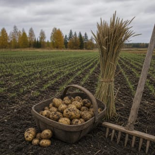 An autumn Mykolines and Dagotuves field with sprouted winter crops, a basket of potatoes, a rye sheaf, and a wooden rake