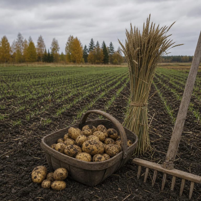 An autumn Mykolines and Dagotuves field with sprouted winter crops, a basket of potatoes, a rye sheaf, and a wooden rake