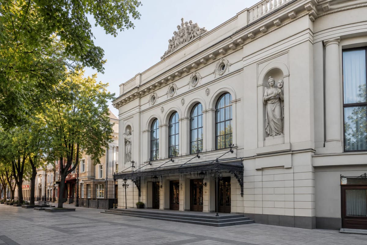 Nacionalinio Kauno dramos teatro pastatas Laisvės alėjoje su skulptūromis fasade