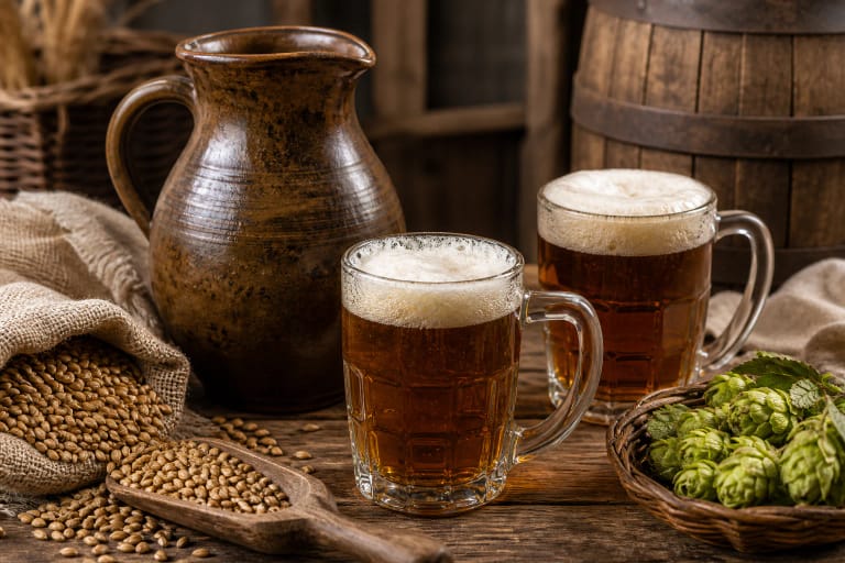 A home brewer's table with an enamel pot, malt, hops, jars, and a foaming glass of home-brewed beer