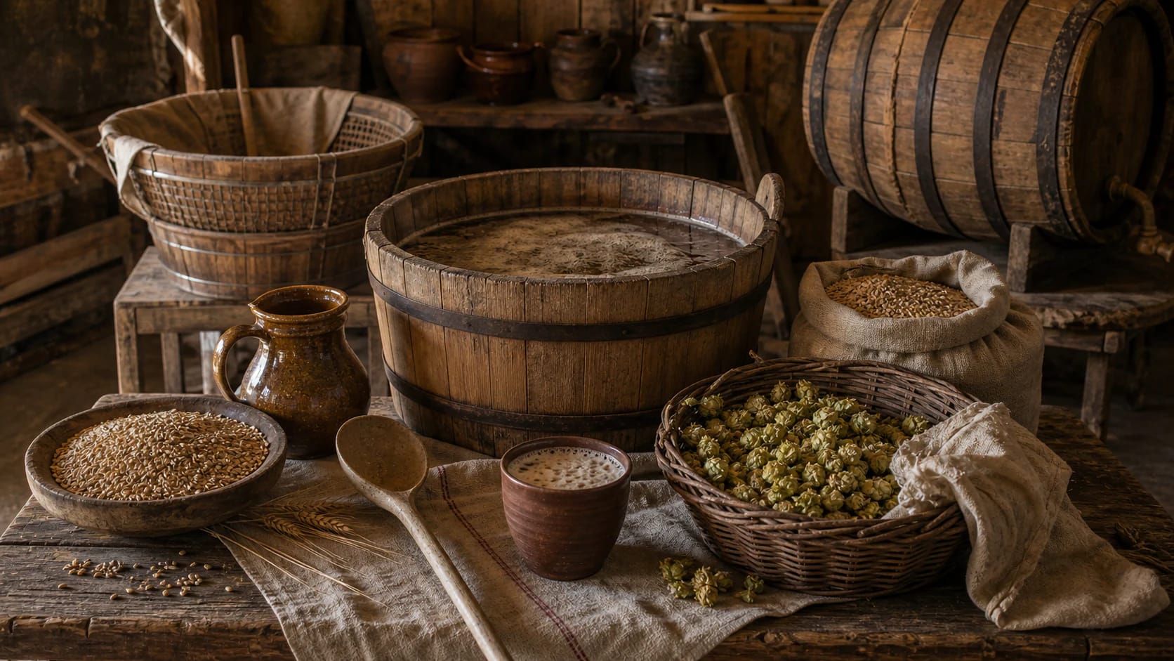 Traditional Northern Lithuanian homemade beer with malt, hops, wooden tub, strainer, barrel, wort, and festive table