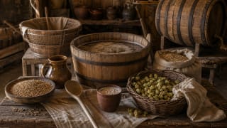 Traditional Northern Lithuanian homemade beer with malt, hops, wooden tub, strainer, barrel, wort, and festive table