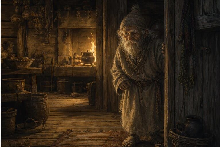 Naminukas house spirit in Lithuanian folklore near an old hearth, threshold, and homestead