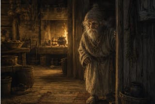Naminukas house spirit in Lithuanian folklore near an old hearth, threshold, and homestead