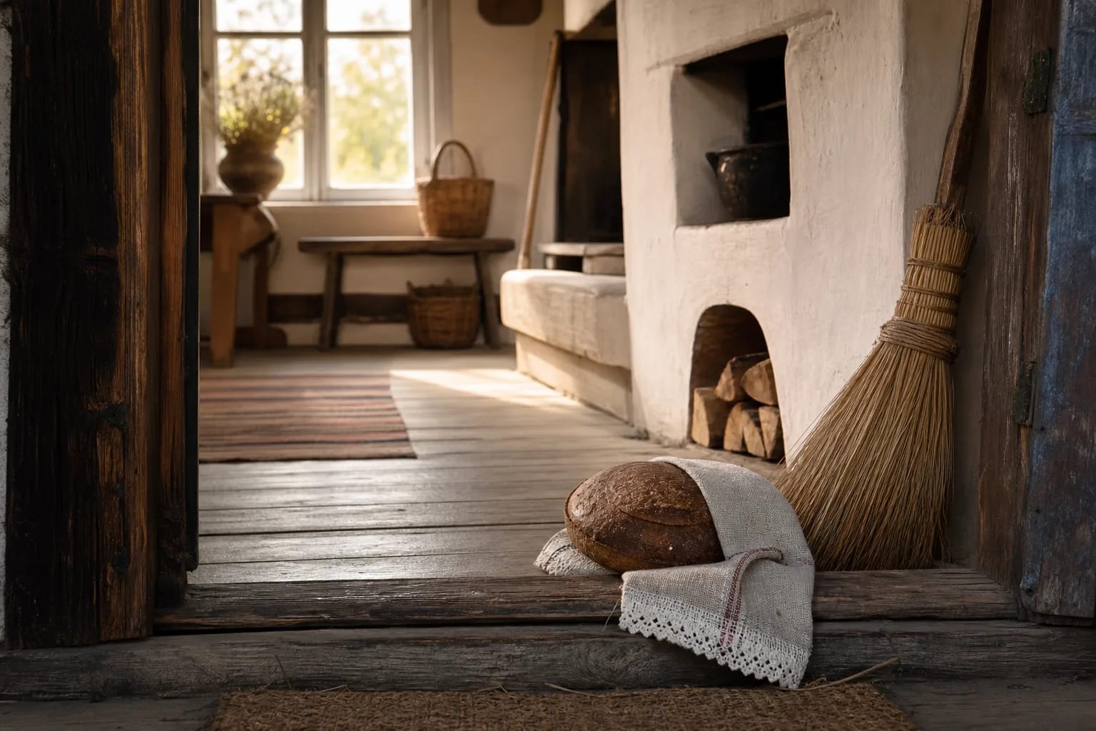 Old hearth, threshold, broom, and bread for the image of Naminukas