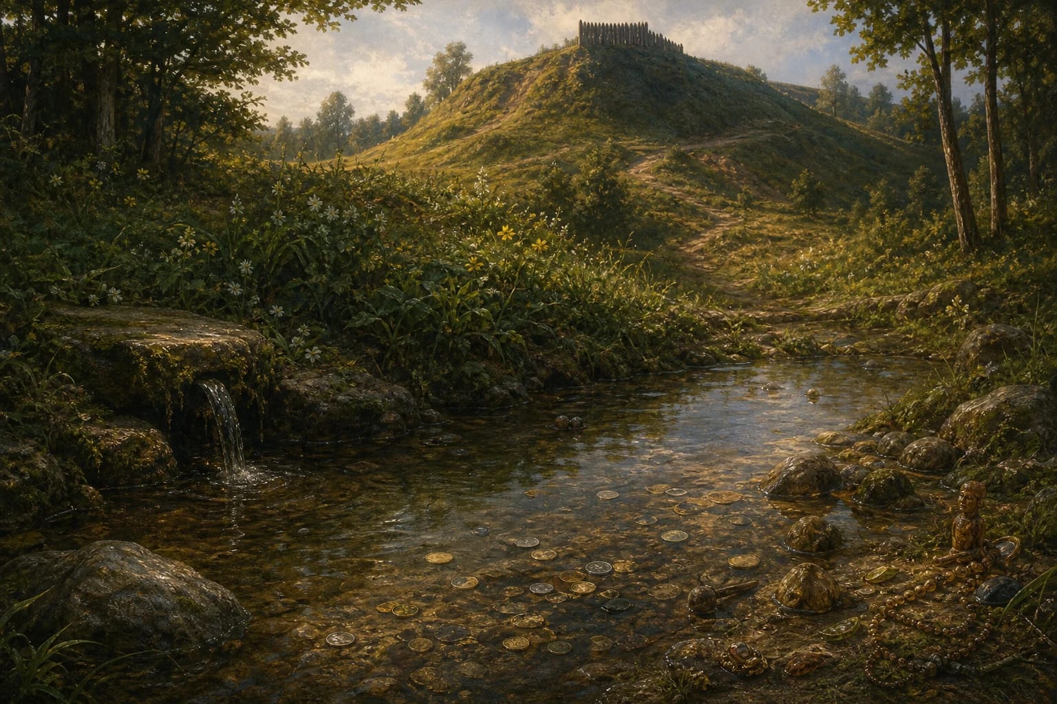 Narkūnai Hillfort Legend visual interpretation with spring, happiness, health motifs