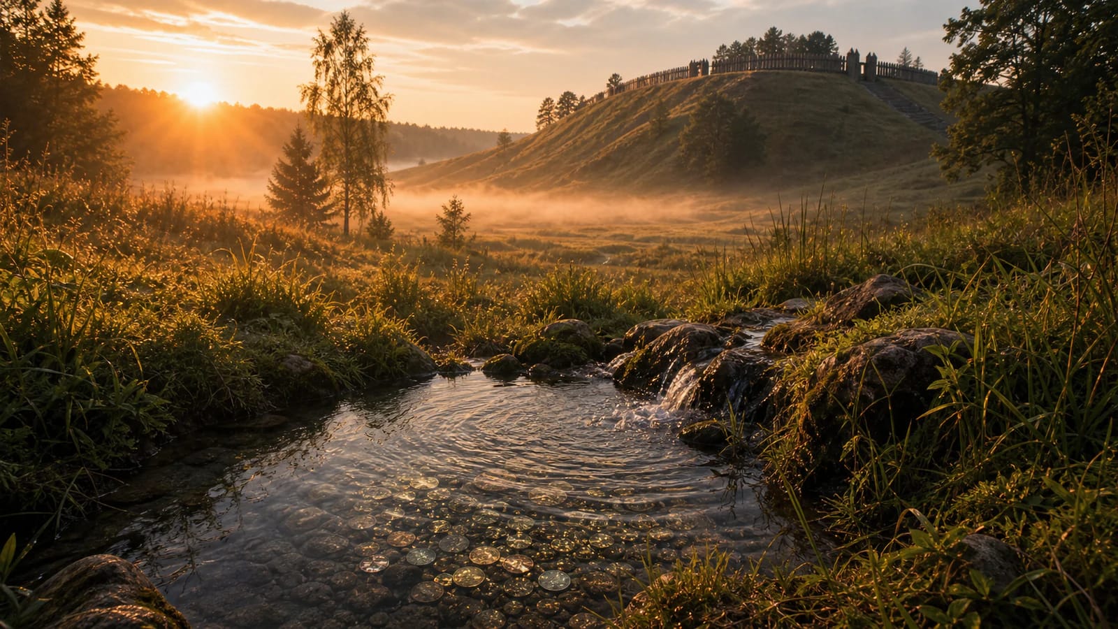 Narkūnai hillfort with the mood of Happiness Valley spring and Utenis Castle legend