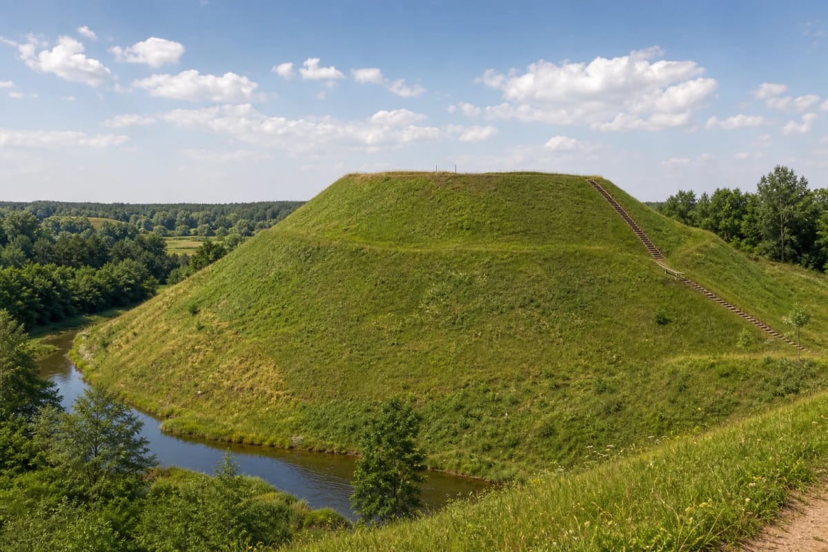 Green hill of Narkūnai Hillfort and the Utenėlė valley in the Aukštaitija landscape