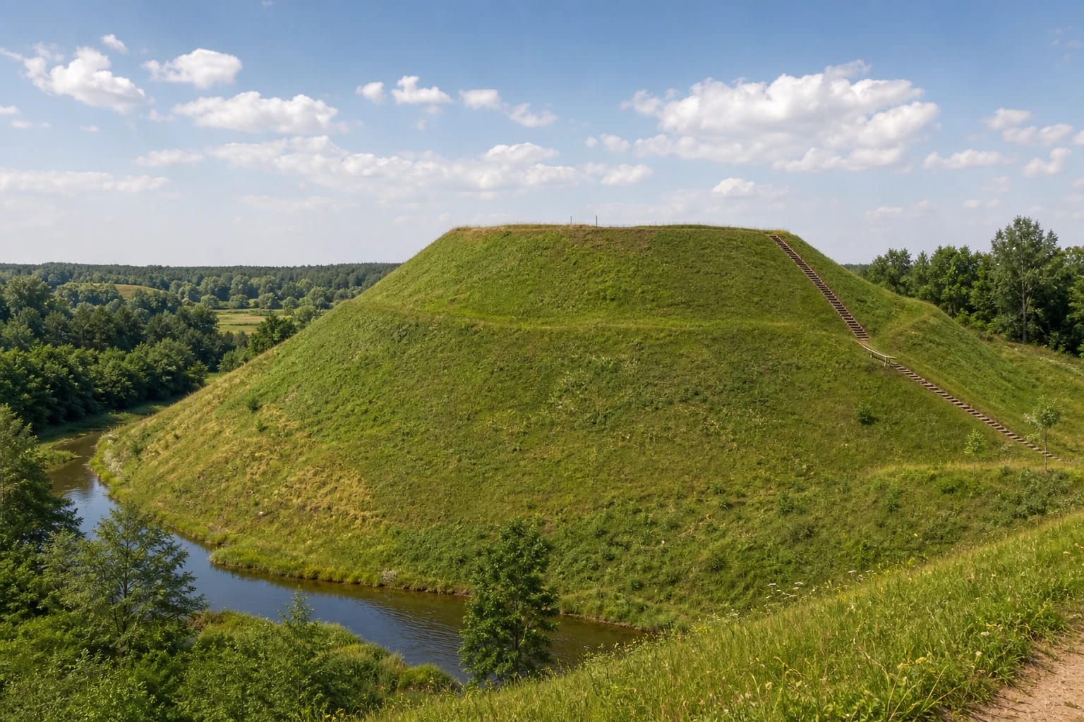 Green hill of Narkūnai Hillfort and the Utenėlė valley in the Aukštaitija landscape