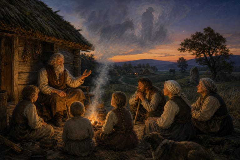 Lithuanian tales, mythological stories, legends, and place lore gathered around a storyteller