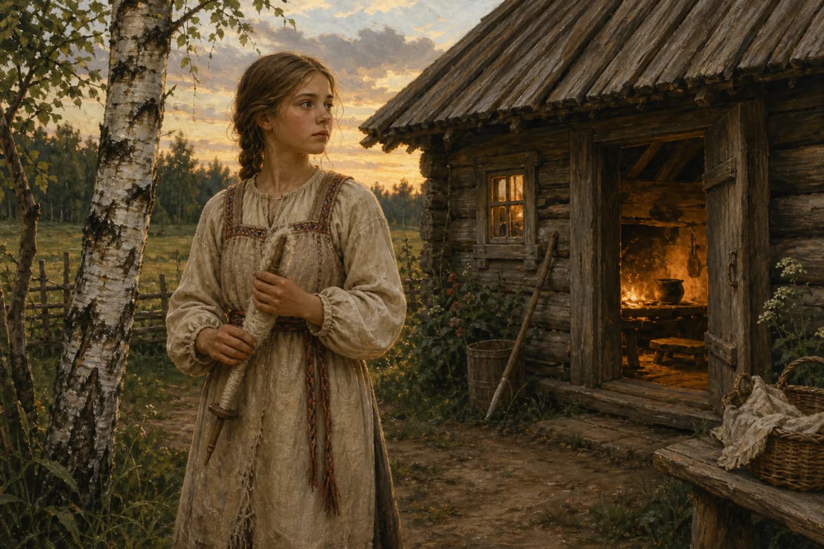An orphan girl beside a wooden homestead in warm hearth light
