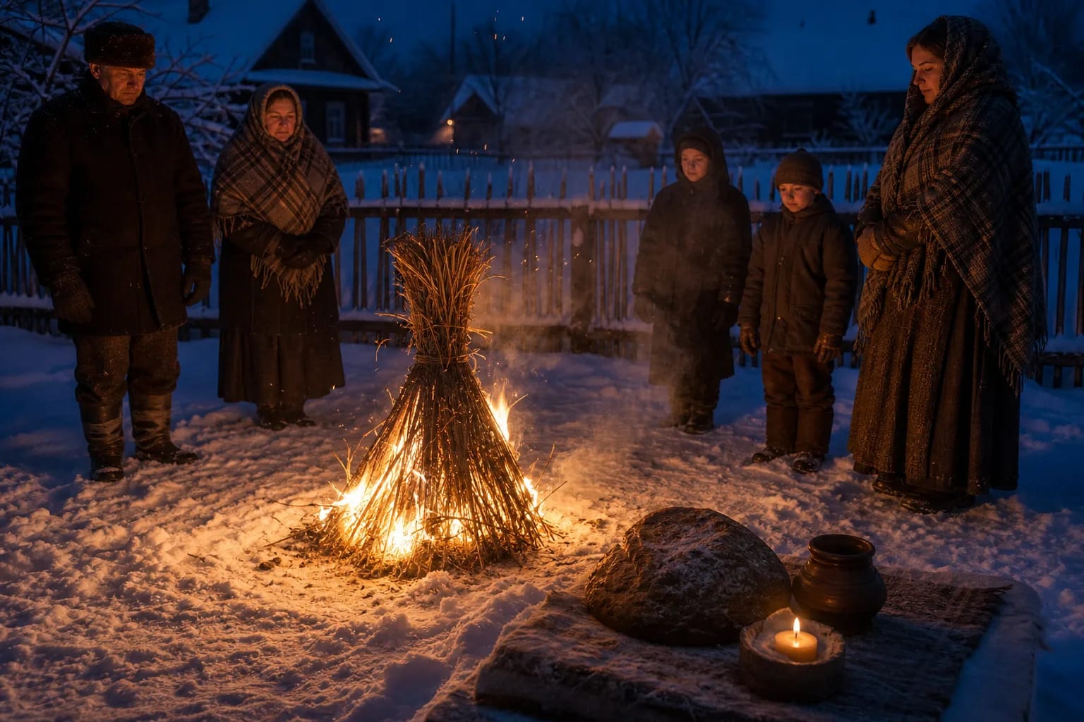 Naujųjų metų šiaudų kūlys dega apsnigtame kieme