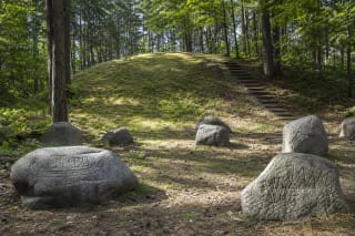 A grass-covered Naujoji Vilnia burial mound in woodland with steps and fieldstones bearing reproduced ancient carvings