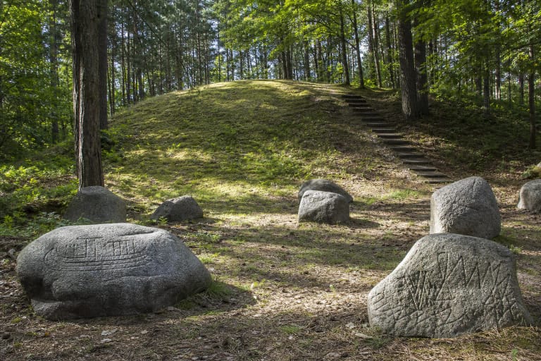 A grass-covered Naujoji Vilnia burial mound in woodland with steps and fieldstones bearing reproduced ancient carvings