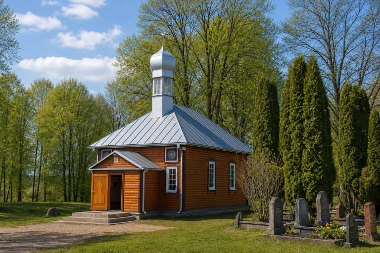 Oranžinio medžio Nemėžio totorių mečetė su plačiu sidabro spalvos stogu, minareto bokšteliu ir greta esančiu senuoju mizaru