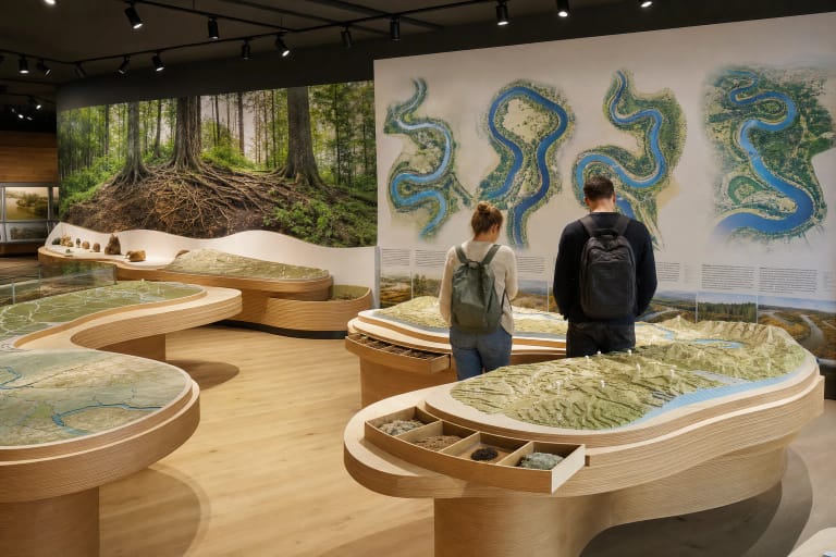 Visitors studying curving wooden terrain models, blue maps of the river loops, and a forest mural inside the Nemunas Loops Visitor Centre