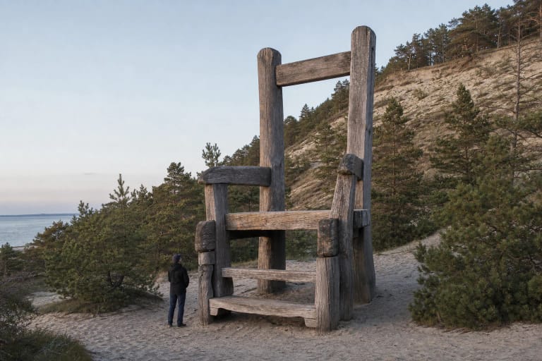 Nearly five-metre roughly hewn oak Neringa's Chair in the sandy Valley of Silence