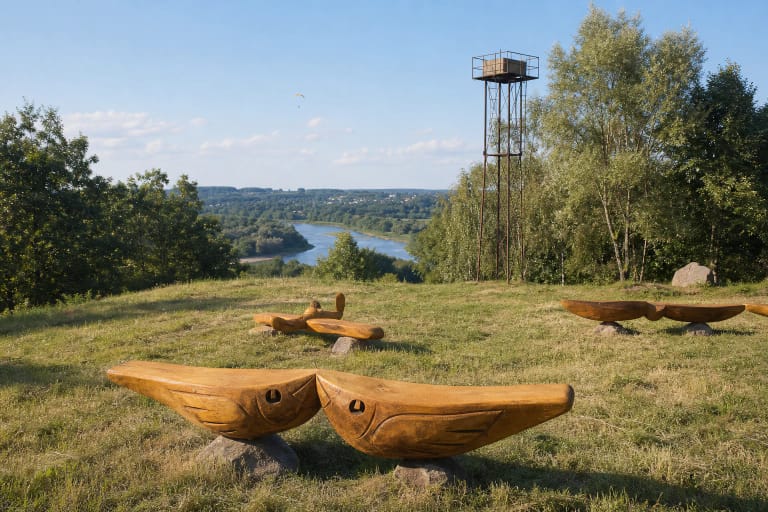 Grassy field on Netoniai Hill with carved benches, a metal platform, the Nemunas valley, and a distant paraglider