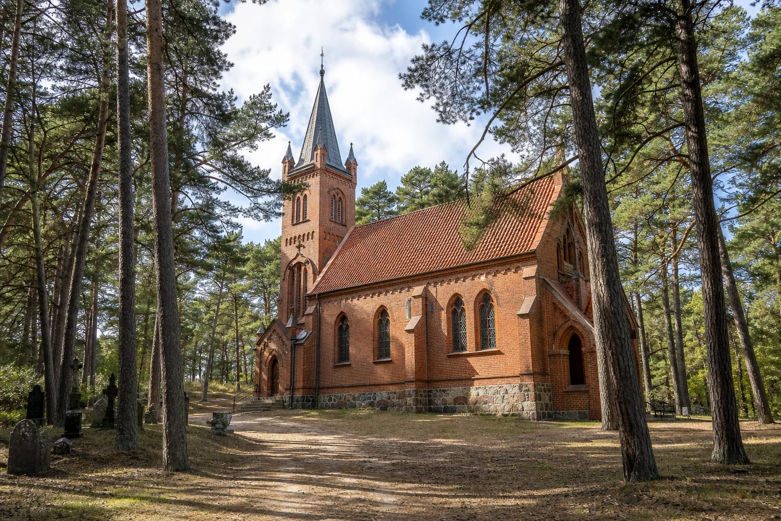 Nidos neogotikinė raudonų plytų evangelikų liuteronų bažnyčia ant pušimis apaugusios kopos