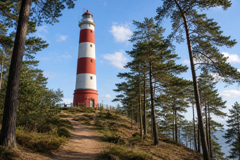 Nida Lighthouse on Urbas Hill among pines and a sandy path in the Curonian Spit