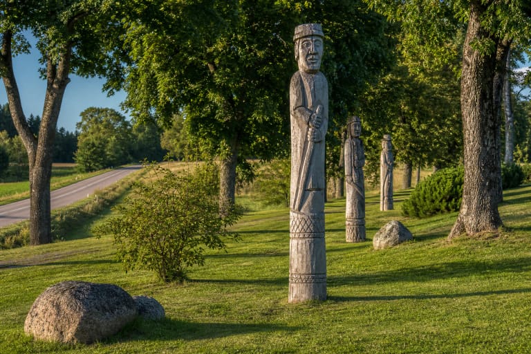 Tall oak sculptures by Pranas Petronis standing on lawns beside the old tree park in Bijotai