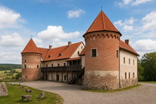 Norviliškės Castle with masonry wings, enclosed courtyard, and Dieveniškės landscape