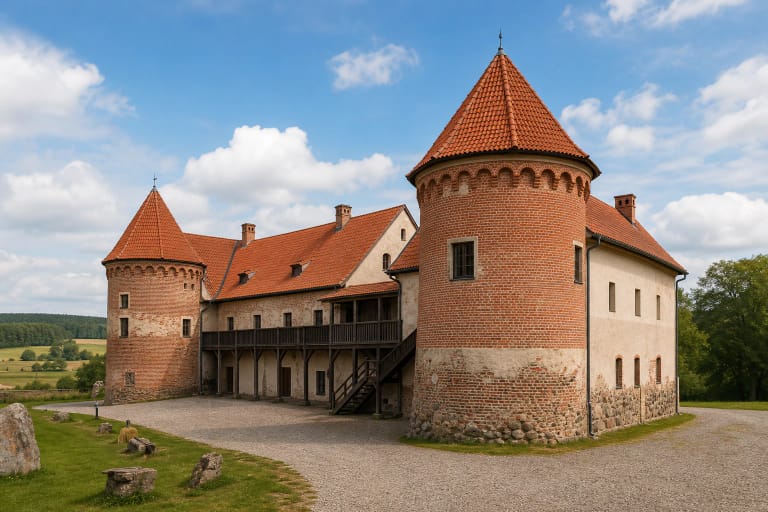Norviliškių pilis su mūriniais korpusais, uždaru kiemu ir Dieveniškių kraštovaizdžiu
