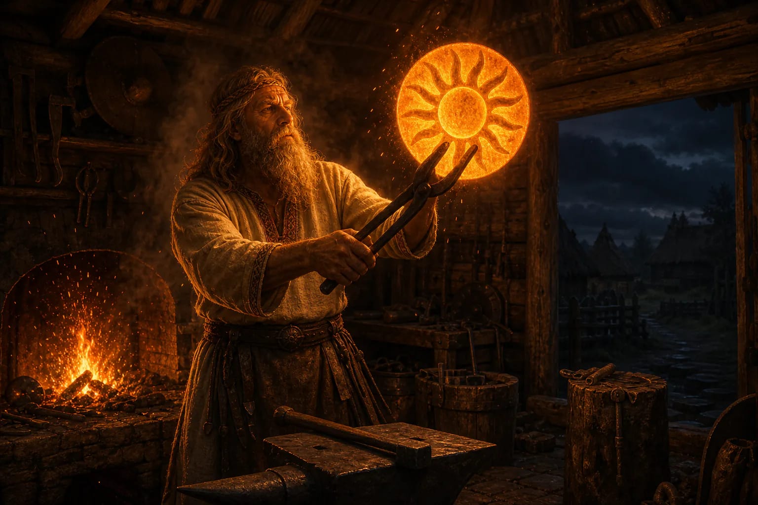 A mythical Lithuanian smith in a forge lifts the newly forged shining Sun toward the dark sky