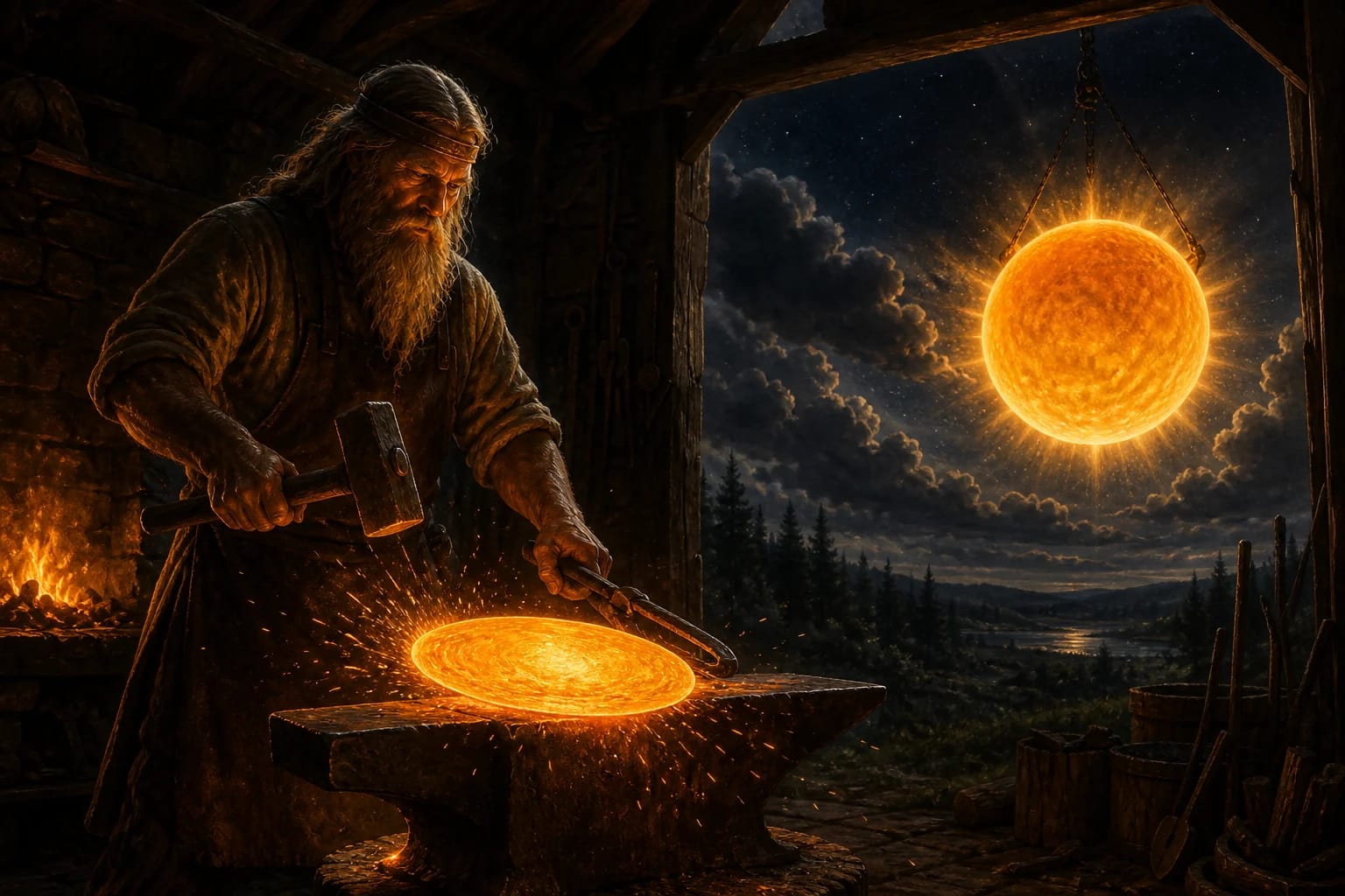 The Forged Sun visual interpretation with solar smith, Teliavelis, shining iron motifs
