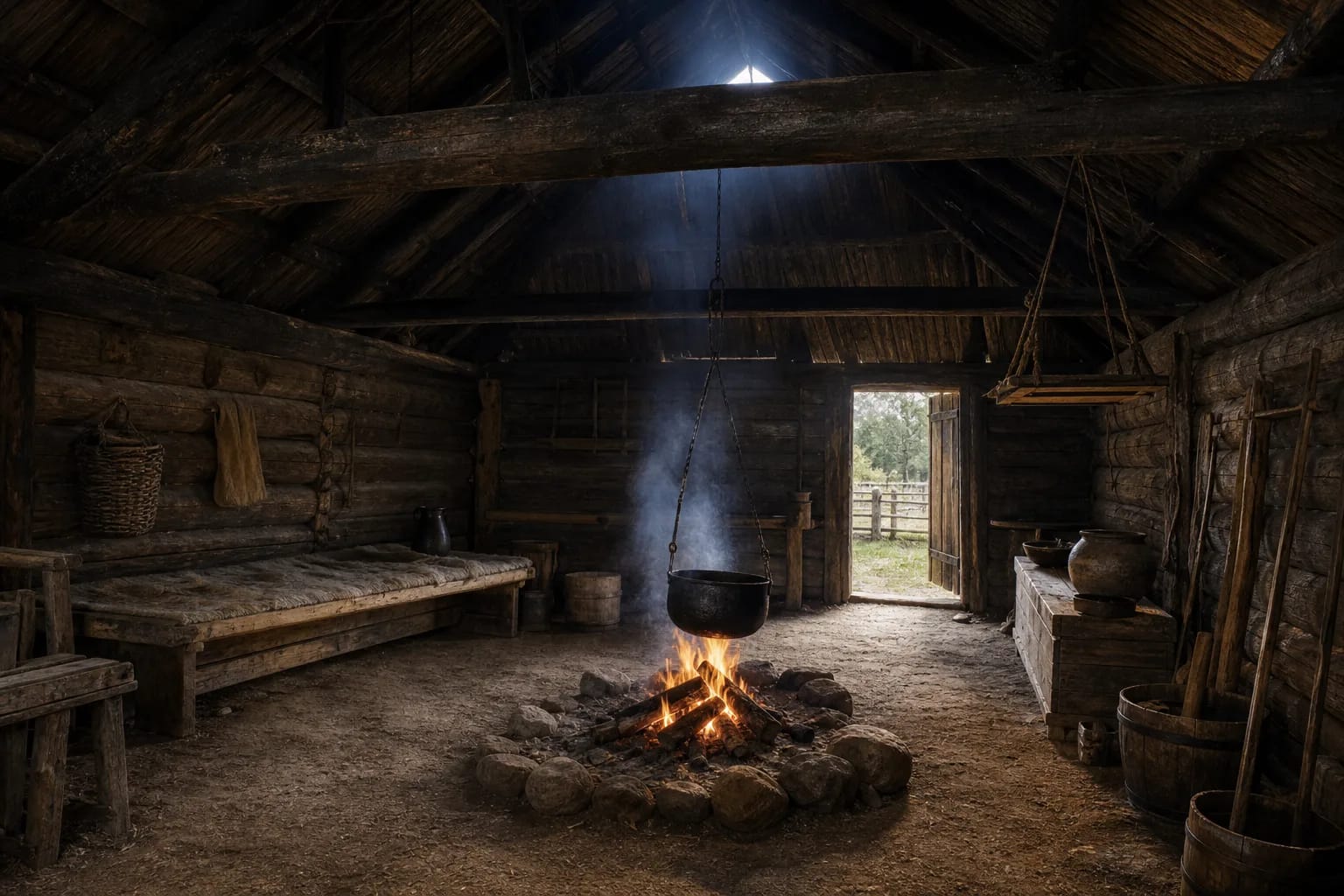 The open hearth of a numas shows an early layer of dwelling and smoke control.