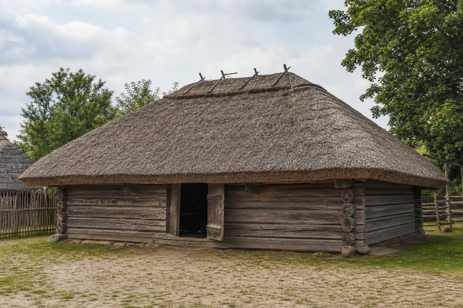 An old Žemaitian numas with a low log volume, straw roof, smoke vents, and the atmosphere of an open hearth