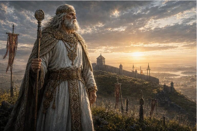 Nunadievis Numadievis in Lithuanian mythology standing on a hill near an old hillfort