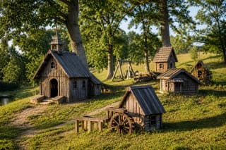 Miniature wooden buildings in Dwarf Village amid the green Akmena valley