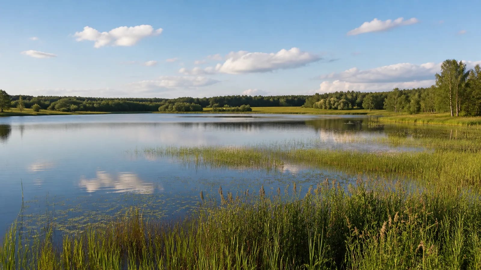 Calm water, reedbeds, and green shores of Lake Obelija in Meteliai Regional Park
