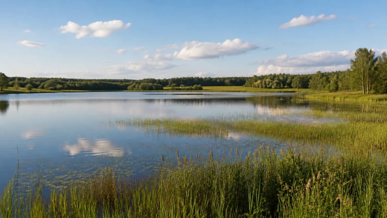 Obelijos ežero ramus vanduo, nendrynai ir žali Metelių regioninio parko krantai