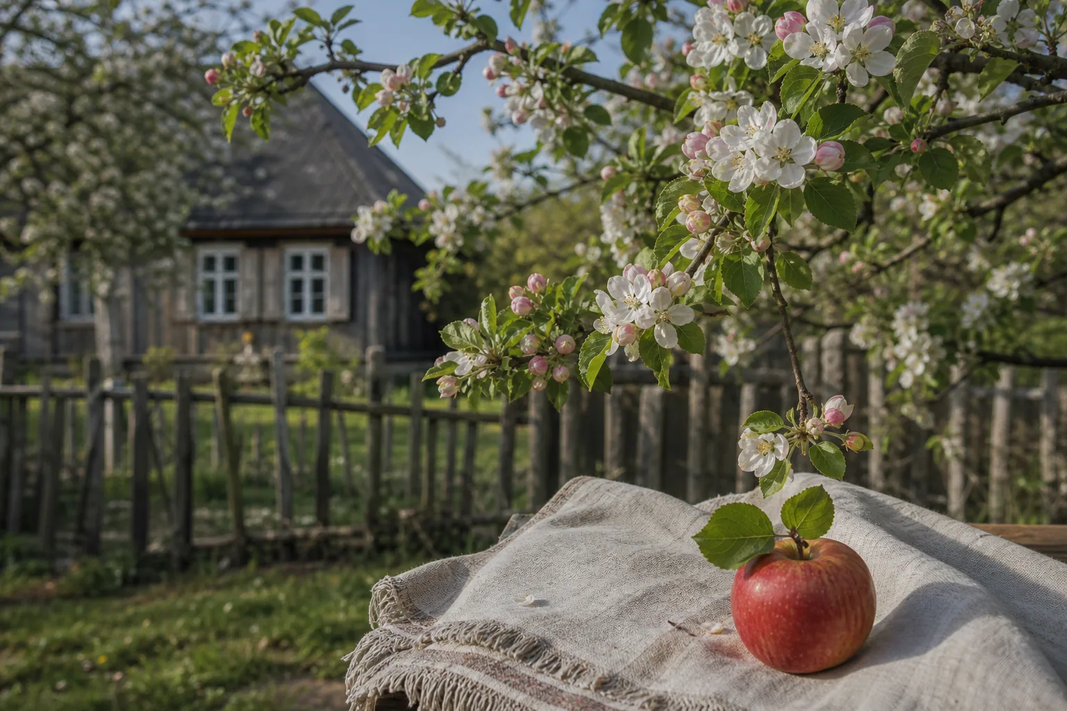 Blooming apple tree near a homestead garden with a red apple on linen.