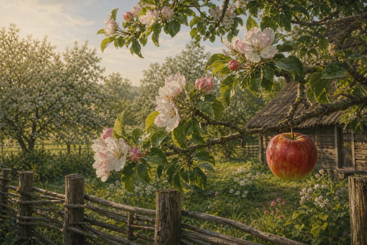 A flowering apple tree with a red apple in a Lithuanian garden as a symbol of love and harvest