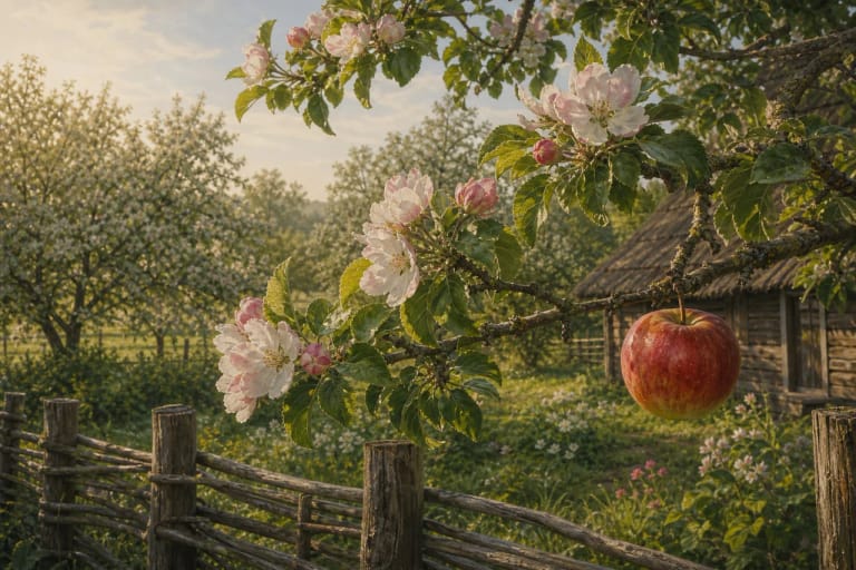 A flowering apple tree with a red apple in a Lithuanian garden as a symbol of love and harvest