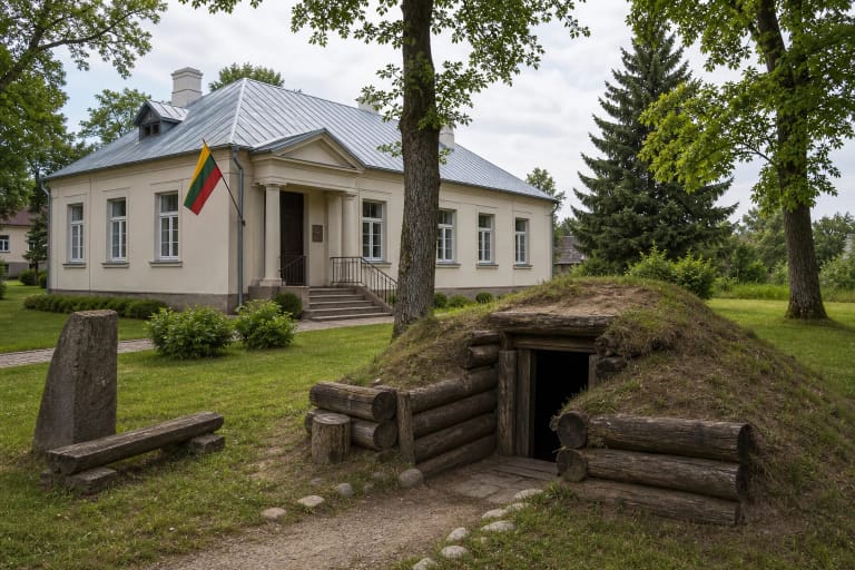 Obeliai Freedom Fights History Museum building with the Lithuanian tricolour and a partisan bunker in the yard