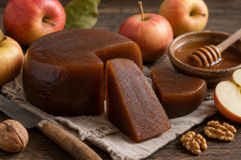 Amber slices of obuolių sūris on a linen cloth with apples, cinnamon, and walnuts